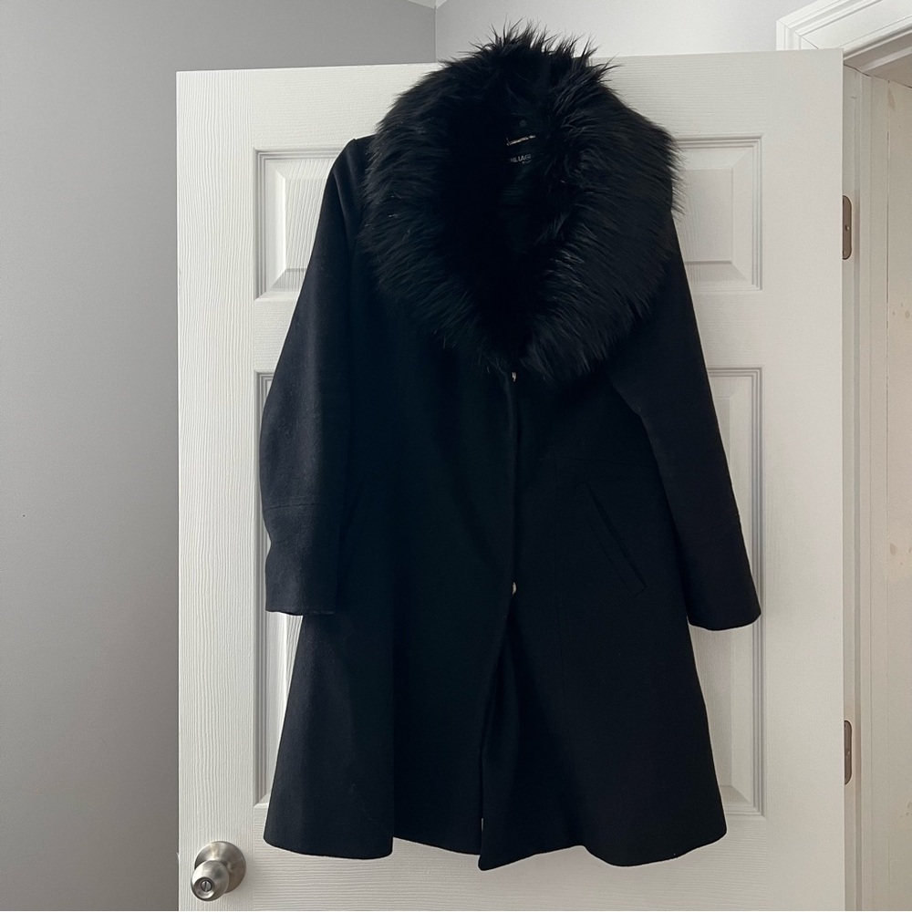 Karl Lagerfeld Black Wool Coat with Faux Fur Trim
